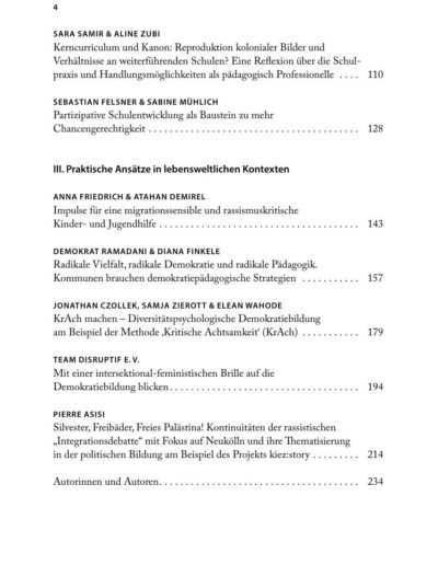 Zu sehen ist die zweite Seite des Inhaltsverzeichnis des Sammelbandes 'Demokratie, Bildung und Teilhabe in der Migrationsgesellschaft'.