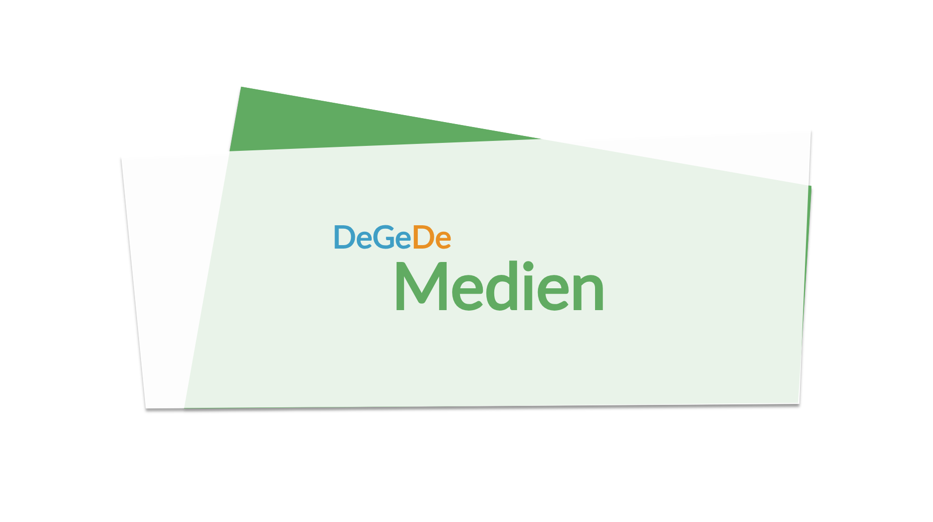 Auf einem Button aus überlappenden Trapezen steht in grün 'Medien'.
