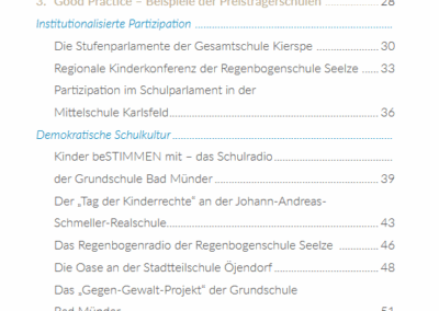 Das Inhaltsverzeichnis (1/2) der Dokumentation zum Preis für deomkratische Schulentwicklung.